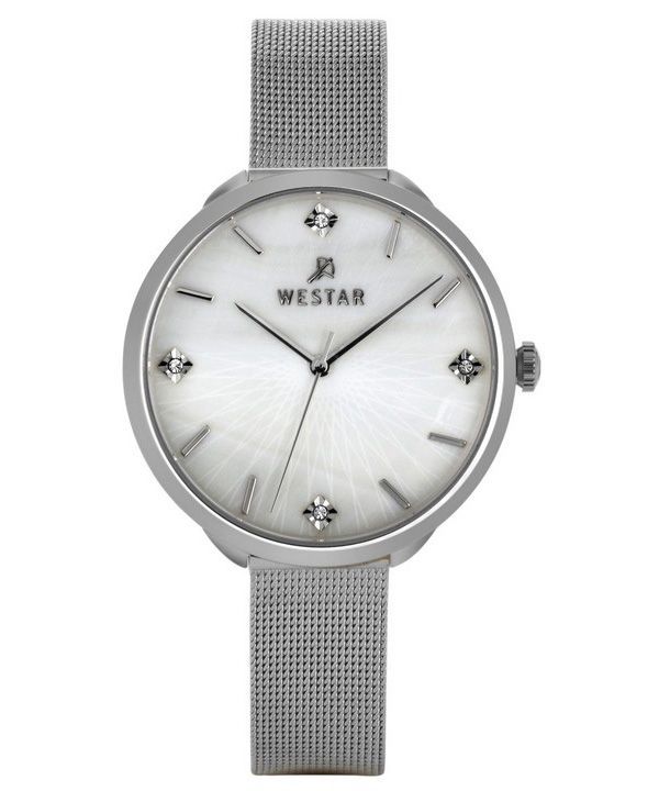 Westar Zing Krystal Accenter Rustfrit Stål Mesh Hvid Mother Of Pearl Dial Quartz 00128STN11 Dameur