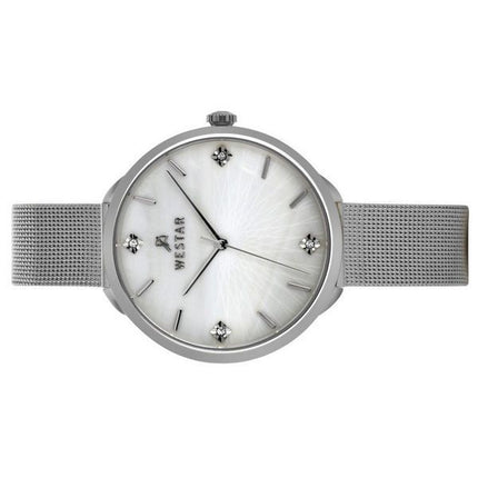 Westar Zing Krystal Accenter Rustfrit Stål Mesh Hvid Mother Of Pearl Dial Quartz 00128STN11 Dameur