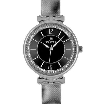 Westar Zing Krystal Accenter Rustfrit Stål Mesh Armbånd Black Dial Quartz 00130STN103 Dameur