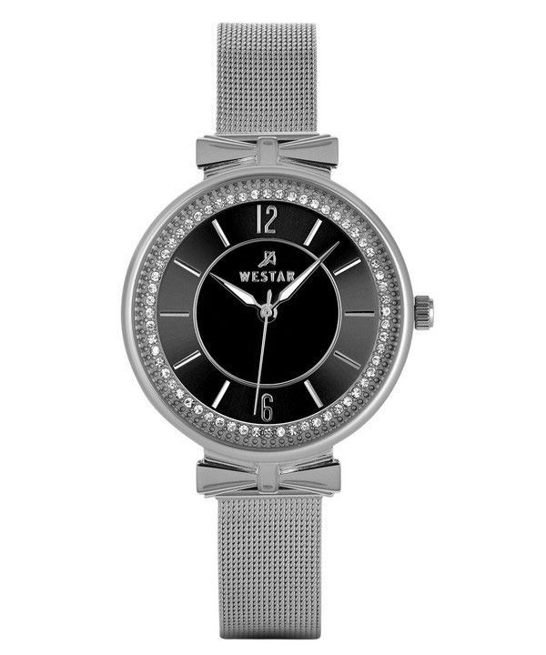 Westar Zing Krystal Accenter Rustfrit Stål Mesh Armbånd Black Dial Quartz 00130STN103 Dameur