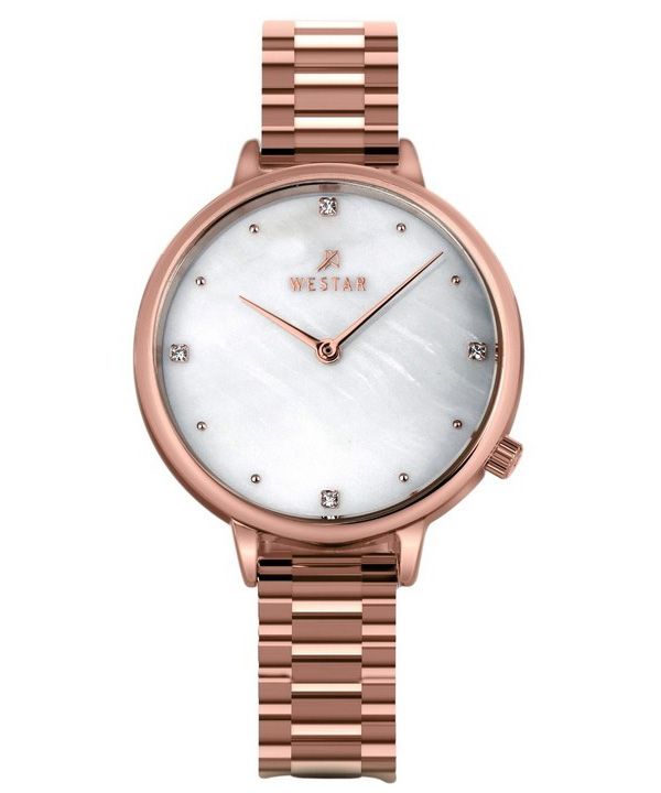 Westar Zing Krystal Accenter Rose Guld Tone Rustfrit Stål Hvid Mother Of Pearl Urskive Quartz 00135PPN611 Dameur