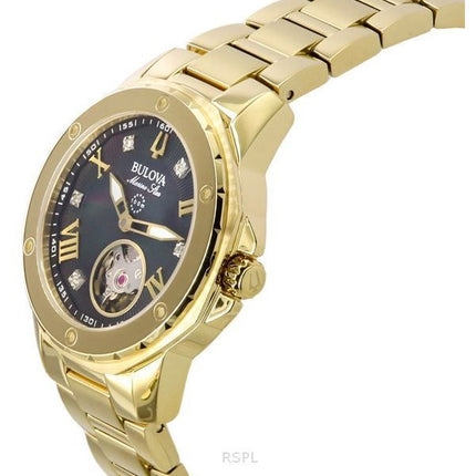 Bulova Marine Star Gold Tone Rustfrit Stål Sort Perlemor Urskive Automatisk 97P171 100M Dameur