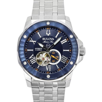 Bulova Marine Star Rustfrit Stål Åbent Hjerte Blå Urskive Automatisk 21 Juveler 98A302 200M herreur