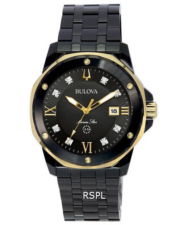 Bulova Marine Star Diamond Accents Black Dial Quartz 98D176 100M herreur