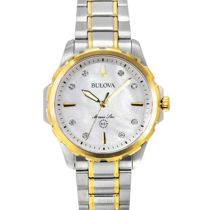 Bulova Marine Star Tofarvet rustfrit stål Diamantaccenter Perlemorskive Kvarts 98P227 100M Dameur