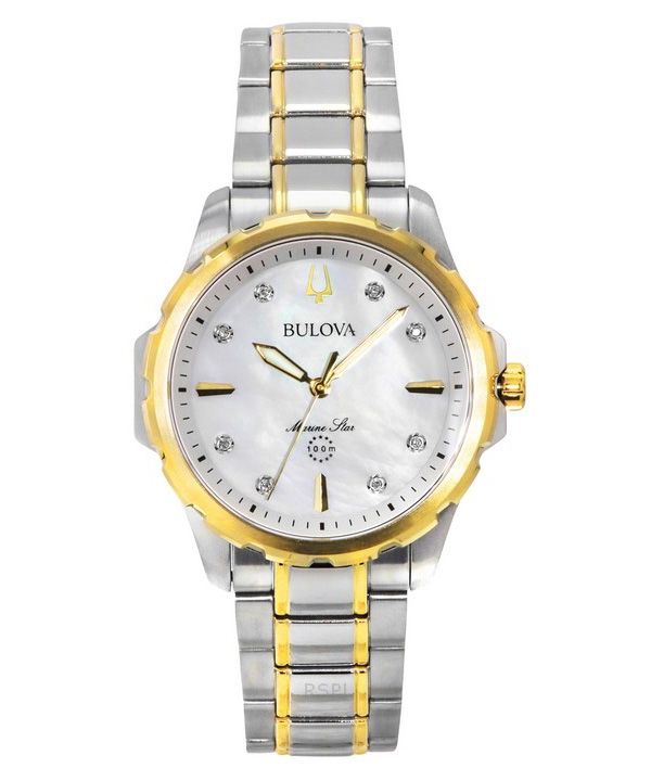 Bulova Marine Star Tofarvet rustfrit stål Diamantaccenter Perlemorskive Kvarts 98P227 100M Dameur