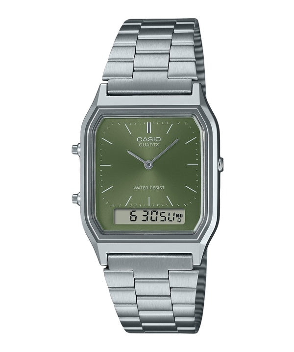 Casio Vintage Analog Digital Green Dial Dual Time Quartz AQ-230A-3AMQY unisex ur