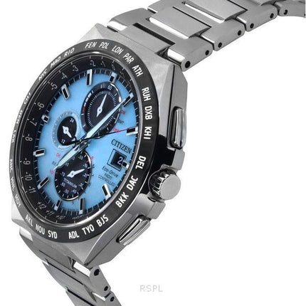 Citizen Eco-Drive radiostyret GMT kronograf Super Titanium lyseblå skive AT8238-84M 100M herreur