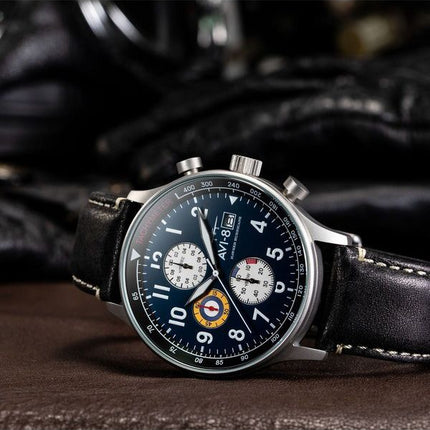 AVI-8 Hawker Hurricane Classic Chronograph Midnight Black Læderrem Blue Dial Quartz AV-4011-0I herreur