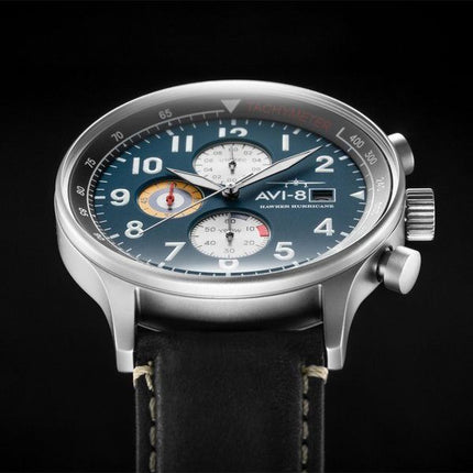 AVI-8 Hawker Hurricane Classic Chronograph Midnight Black Læderrem Blue Dial Quartz AV-4011-0I herreur