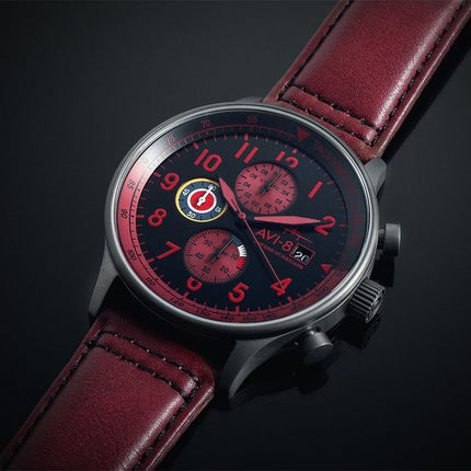 AVI-8 Hawker Hurricane Classic Chronograph Blood Red Læderrem Black Dial Quartz AV-4011-0S herreur