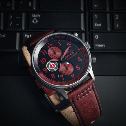 AVI-8 Hawker Hurricane Classic Chronograph Blood Red Læderrem Black Dial Quartz AV-4011-0S herreur