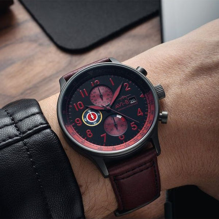 AVI-8 Hawker Hurricane Classic Chronograph Blood Red Læderrem Black Dial Quartz AV-4011-0S herreur