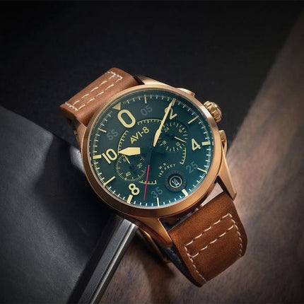 AVI-8 Spitfire Lock Chronograph Læderrem Bronze Grøn Urskive Quartz AV-4089-02 Herreur