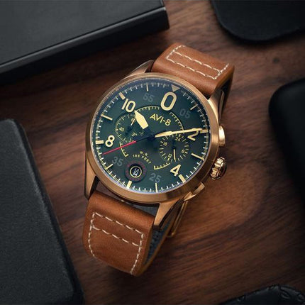 AVI-8 Spitfire Lock Chronograph Læderrem Bronze Grøn Urskive Quartz AV-4089-02 Herreur