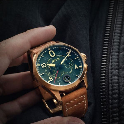 AVI-8 Spitfire Lock Chronograph Læderrem Bronze Grøn Urskive Quartz AV-4089-02 Herreur