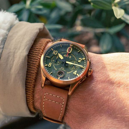 AVI-8 Spitfire Lock Chronograph Læderrem Bronze Grøn Urskive Quartz AV-4089-02 Herreur