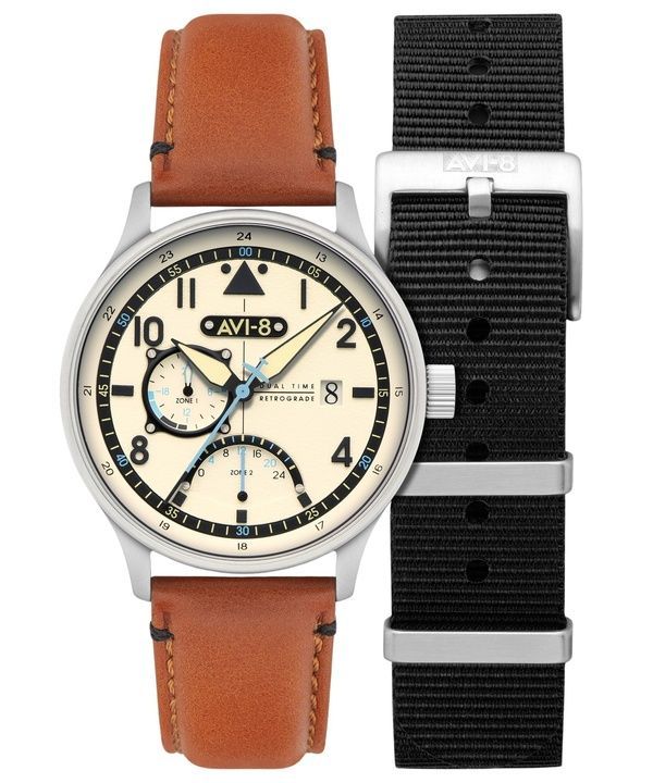 AVI-8 Hawker Hurricane Mckellar Dual Time Brun Beige Læderrem Creme Urskive AV-4101-0C Quartz herreur med ekstra rem