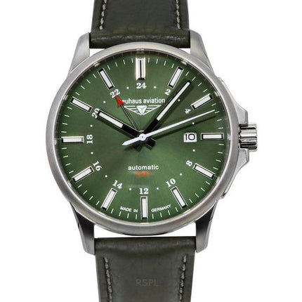 Bauhaus Aviation GMT Grøn læderrem Mørkegrøn Urskive Automatisk 28684 100M herreur