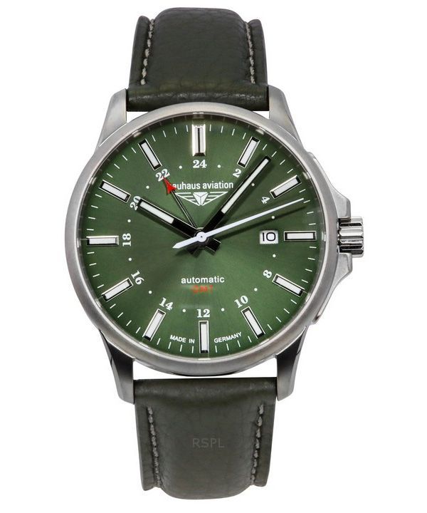 Bauhaus Aviation GMT Grøn læderrem Mørkegrøn Urskive Automatisk 28684 100M herreur