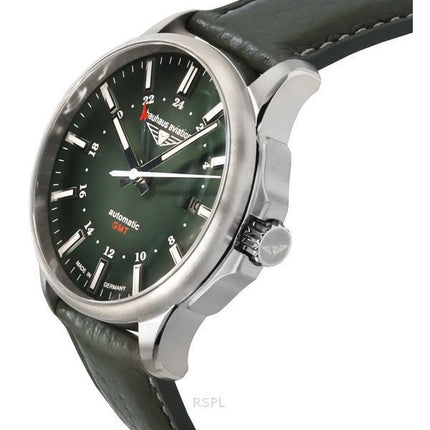 Bauhaus Aviation GMT Grøn læderrem Mørkegrøn Urskive Automatisk 28684 100M herreur