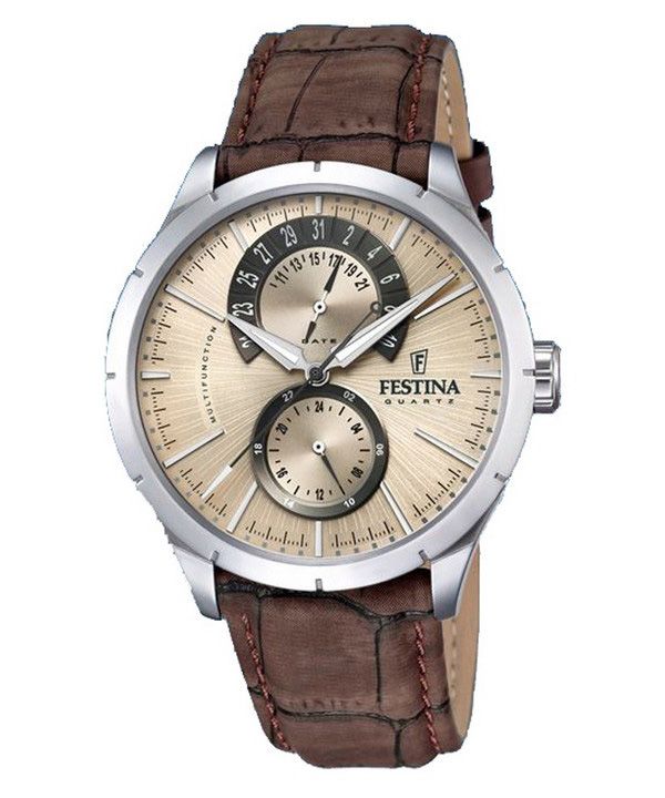 Festina Retro Læderrem Multifunktion Beige Urskive Quartz F16573-9 herreur