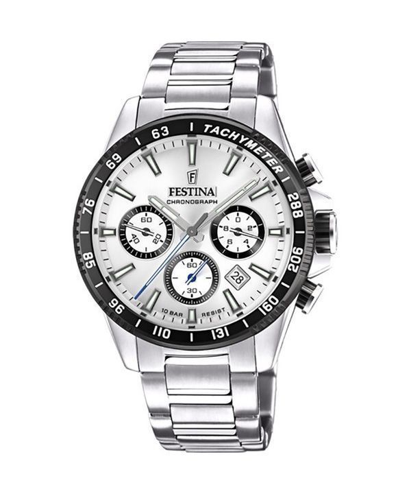 Festina tidløs kronograf rustfrit stål sølvskive Quartz F20560-1 100M herreur