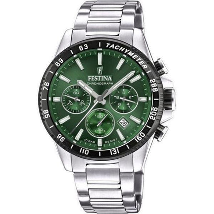 Festina tidløs kronograf rustfrit stål grøn urskive Quartz F20560-4 100M herreur