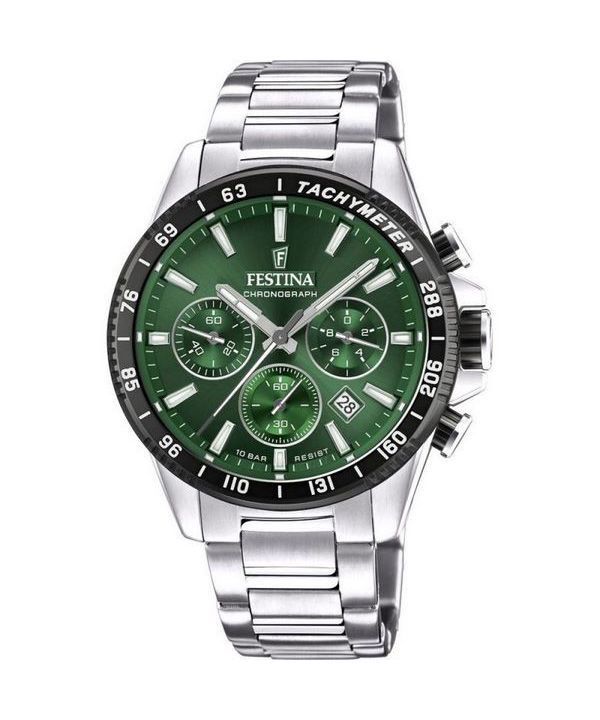 Festina tidløs kronograf rustfrit stål grøn urskive Quartz F20560-4 100M herreur