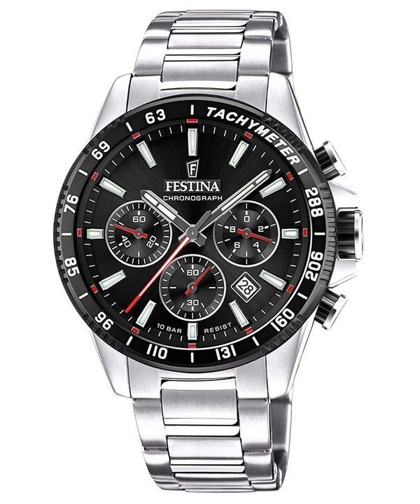 Festina tidløs kronograf rustfrit stål sort urskive Quartz F20560-6 100M herreur