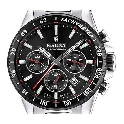 Festina tidløs kronograf rustfrit stål sort urskive Quartz F20560-6 100M herreur