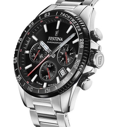 Festina tidløs kronograf rustfrit stål sort urskive Quartz F20560-6 100M herreur