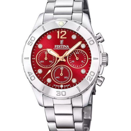 Festina kæreste kronograf rustfrit stål rød skive kvarts F20603-2 100M dameur