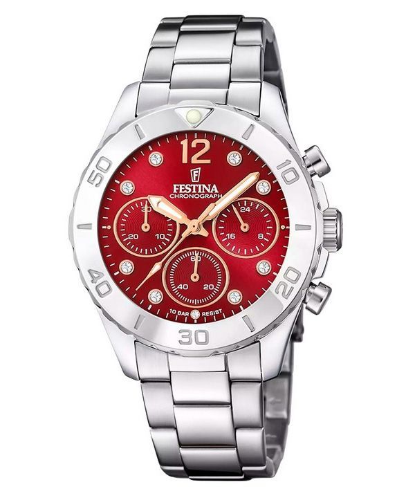 Festina kæreste kronograf rustfrit stål rød skive kvarts F20603-2 100M dameur