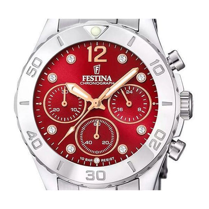 Festina kæreste kronograf rustfrit stål rød skive kvarts F20603-2 100M dameur