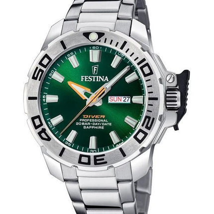 Festina Diver rustfrit stål Grøn skive Quartz F20665-2 200M herreur med ekstra rem