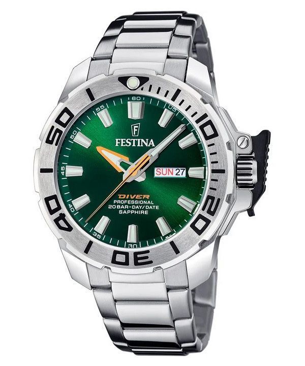 Festina Diver rustfrit stål Grøn skive Quartz F20665-2 200M herreur med ekstra rem