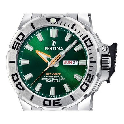 Festina Diver rustfrit stål Grøn skive Quartz F20665-2 200M herreur med ekstra rem