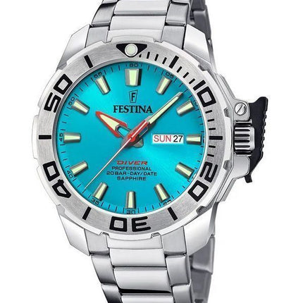 Festina Diver rustfrit stål turkis urskive Quartz F20665-6 200M herreur med ekstra rem