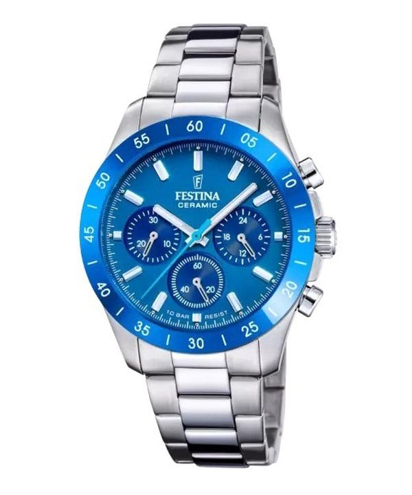 Festina keramisk kronograf rustfrit stål blå skive kvarts F20693-4 100M dameur