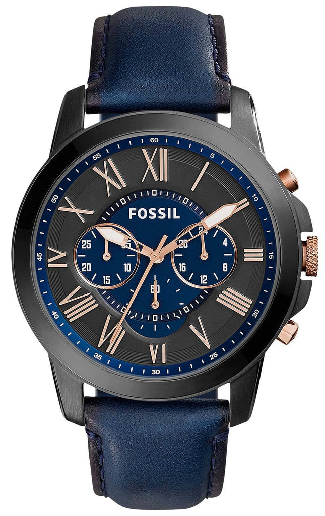 Fossile Grant Chronograph Black and Blue Dial blå læder FS5061 Herreur