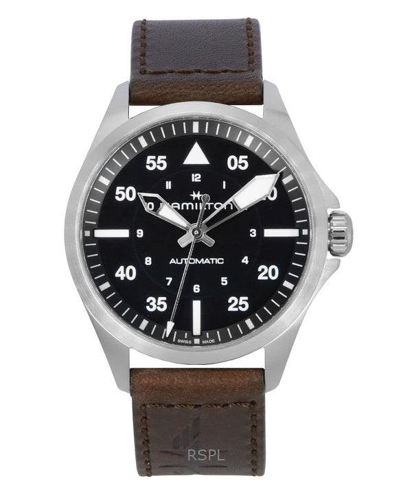 Hamilton Khaki Aviation Pilot Læderrem Sort Urskive Automatisk H76305530 100M herreur