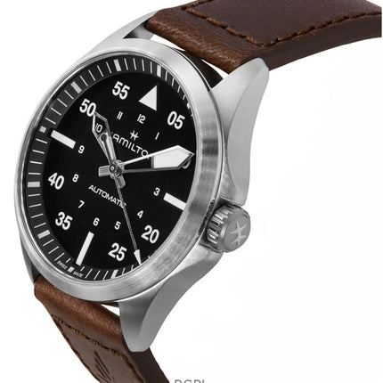 Hamilton Khaki Aviation Pilot Læderrem Sort Urskive Automatisk H76305530 100M herreur