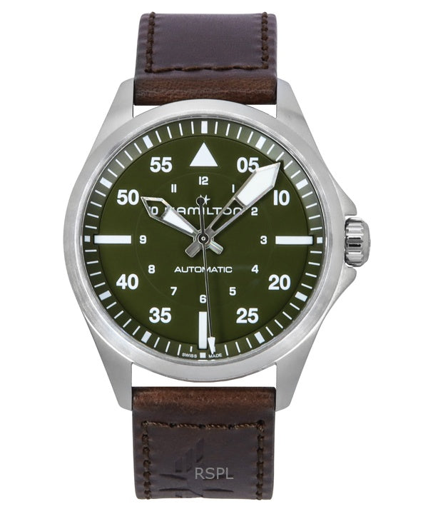 Hamilton Khaki Aviation Pilot Læderrem Grøn Urskive Automatisk H76305560 100M herreur