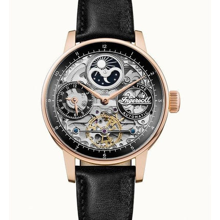 Ingersoll The Jazz Moon Phase læderrem Sort skeleturskive Automatisk I07705 herreur