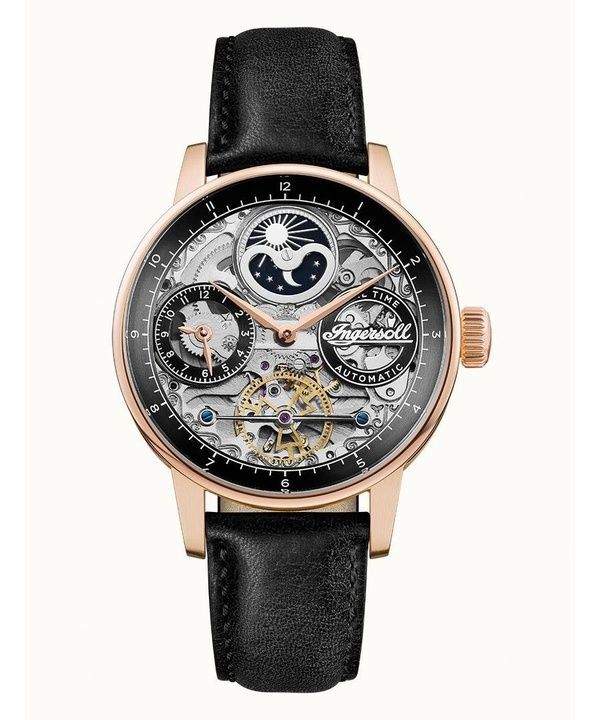 Ingersoll The Jazz Moon Phase læderrem Sort skeleturskive Automatisk I07705 herreur