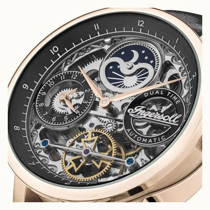 Ingersoll The Jazz Moon Phase læderrem Sort skeleturskive Automatisk I07705 herreur