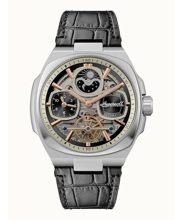 Ingersoll The Spirit Moon Phase Læderrem Sort Skeleton Dial Automatisk I15801 herreur