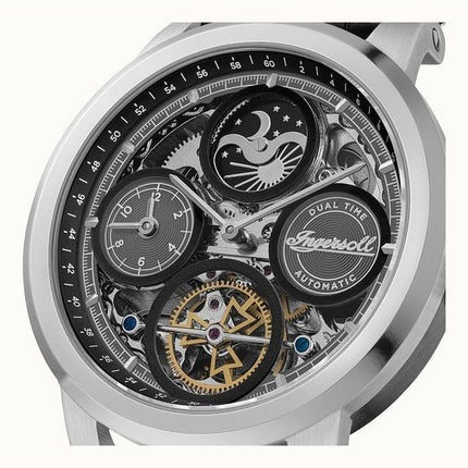 Ingersoll The Arc Moon Phase Læderrem Sort Skeleton Dial Automatisk I16001 herreur