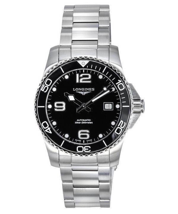 Longines HydroConquest rustfrit stål sort skive automatisk dykker L3.741.4.56.6 300M herreur